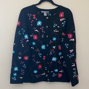 Vintage 100% Wool Carroll Reed Floral Embroidered Black Sweater